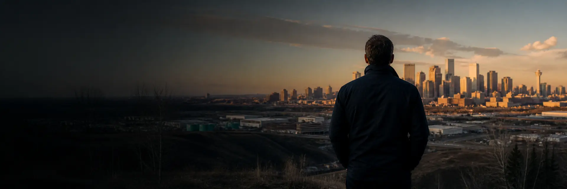 Business operator looking toward the Calgary skyline