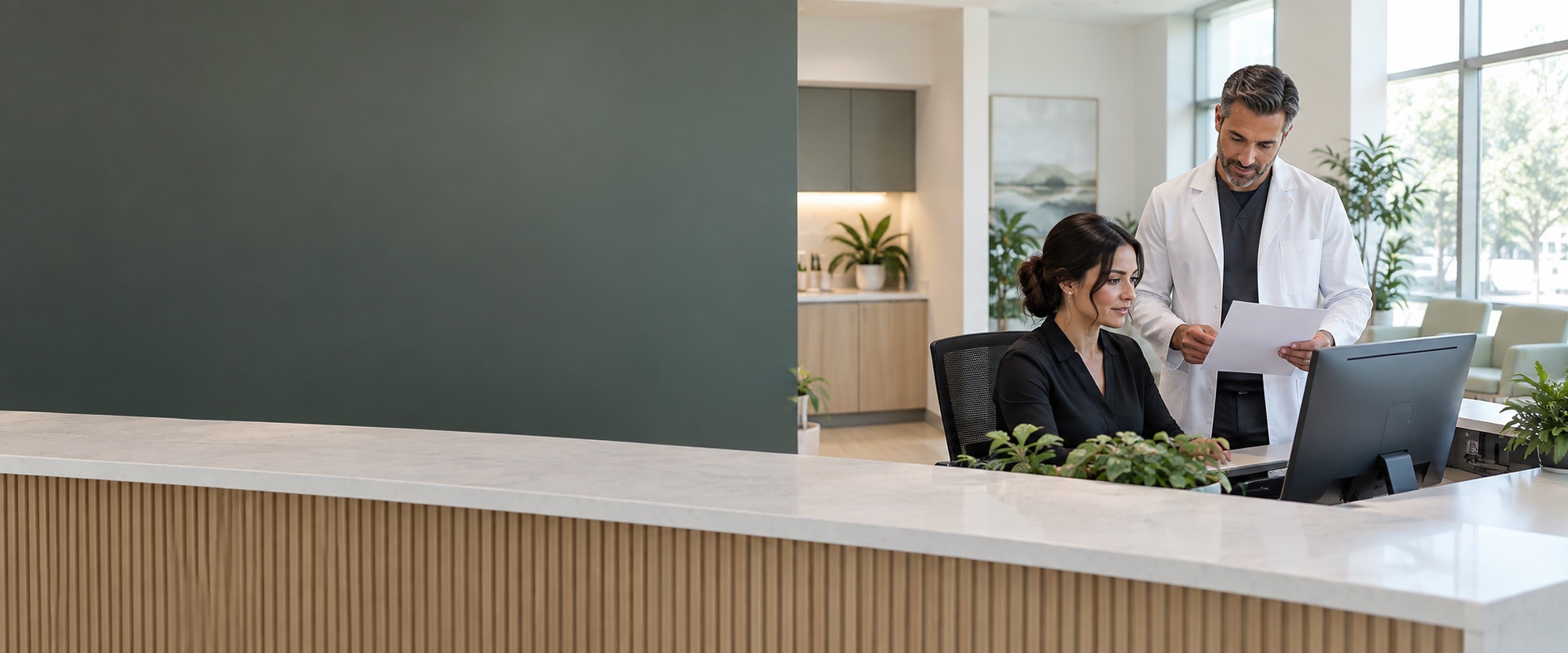 Illustrative clinic reception with an administrator and clinician reviewing a schedule