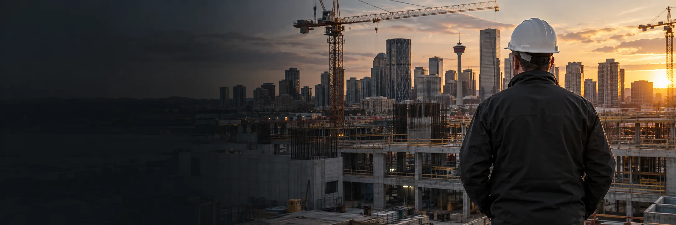 Construction leader overlooking active projects and the Calgary skyline at sunset