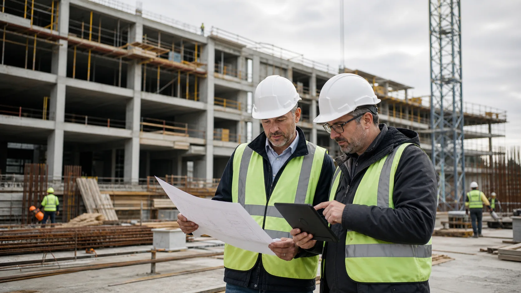 Project manager and site superintendent reviewing drawings and a tablet at a construction site