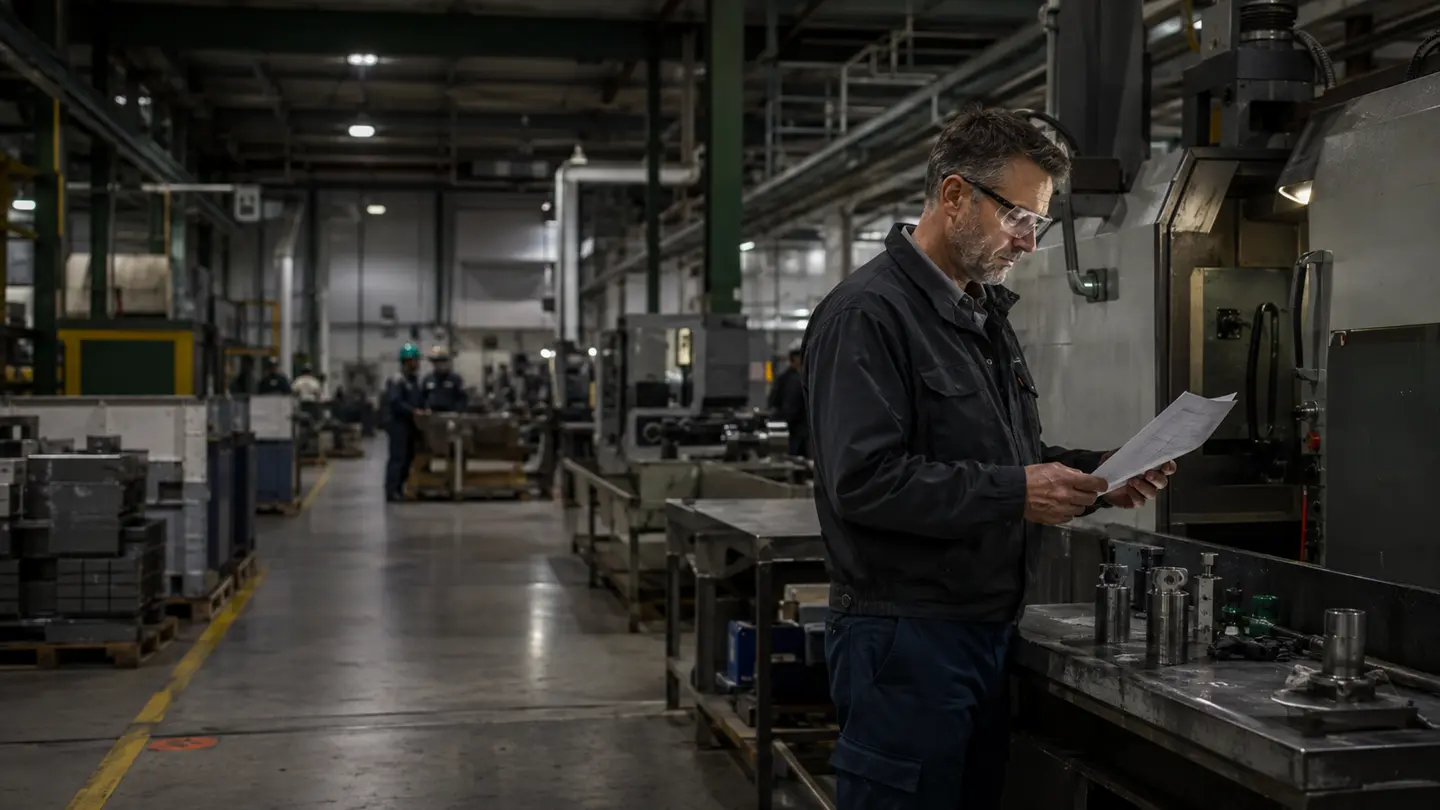 Manufacturing specialist reviewing a work order on the factory floor