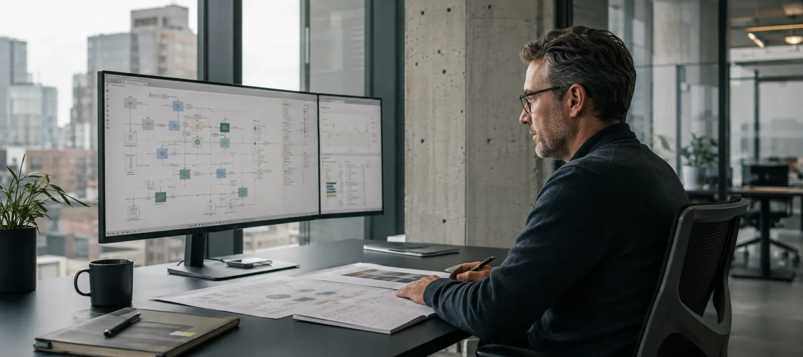 Professional reviewing documents and a project workflow at his desk