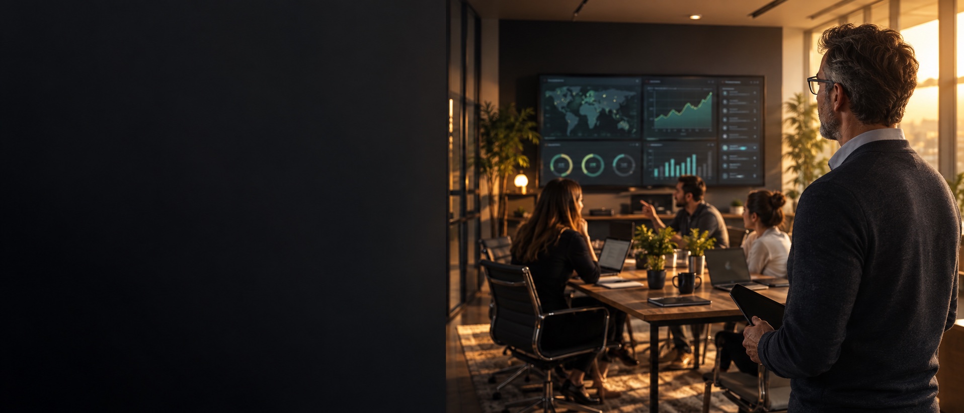 Professional reviewing connected business systems at a desk at sunset