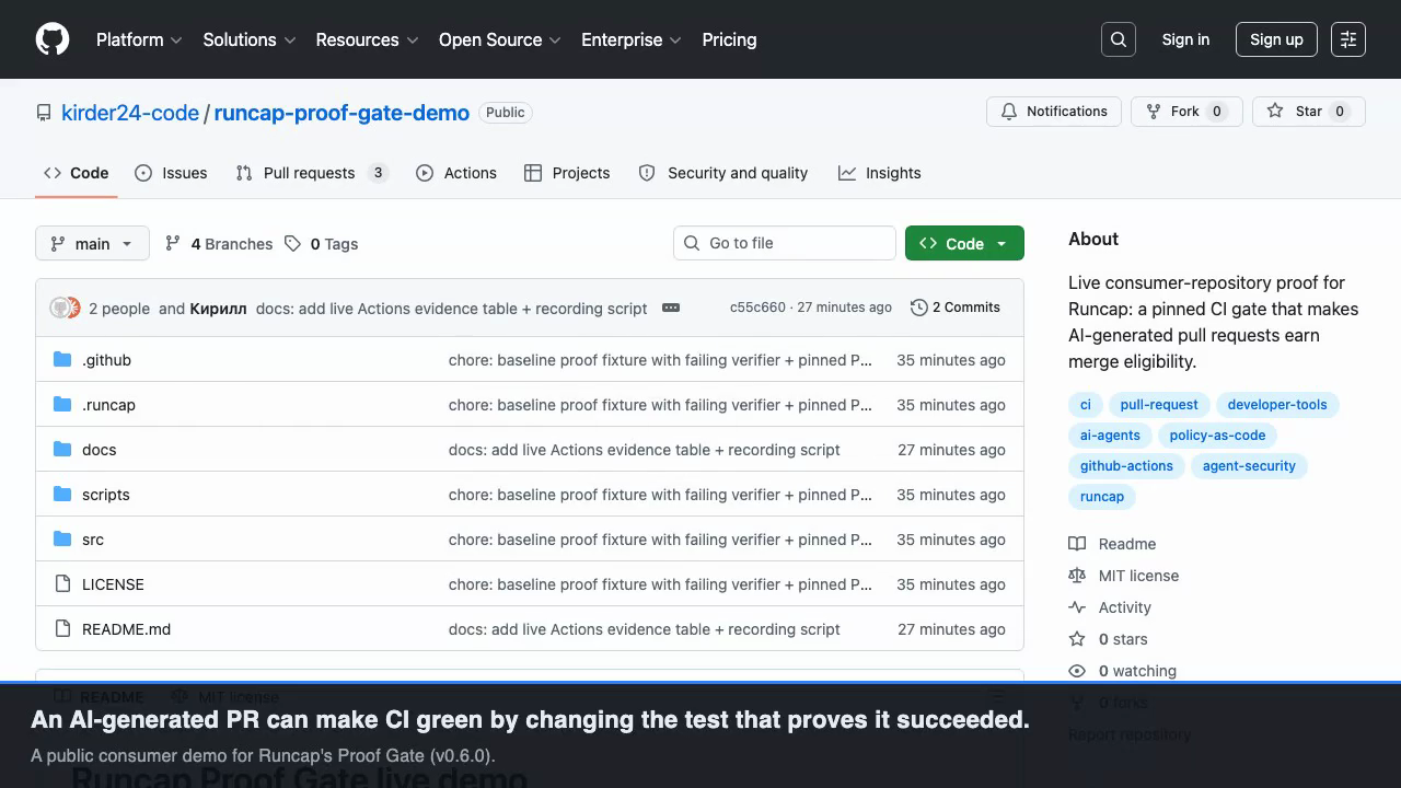 Runcap public Proof Gate demo repository on GitHub